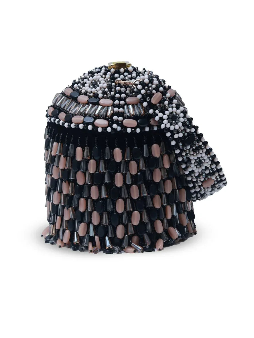 Black Bella round embellished bag with handle from The Tan Clan, featuring decorative details and a stylish, compact design.
