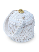 Bella White round embellished bag with handle by The Tan Clan, featuring decorative details on smooth surface.