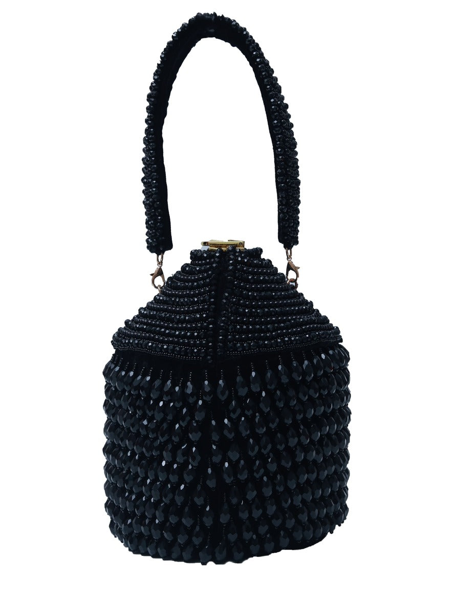 Black Emma round embellished bag with handle by The Tan Clan, featuring decorative details and a stylish design.