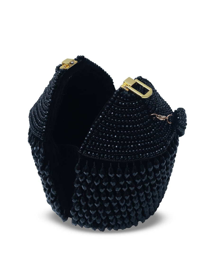 Black Emma round embellished bag with handle from The Tan Clan, featuring decorative details and a sleek, stylish design.