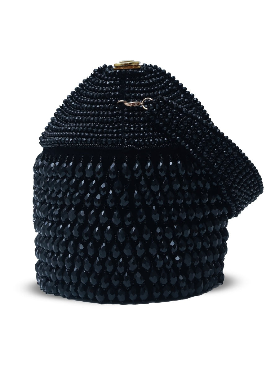 Black Emma round embellished bag with handle by The Tan Clan, featuring decorative accents and a stylish design.