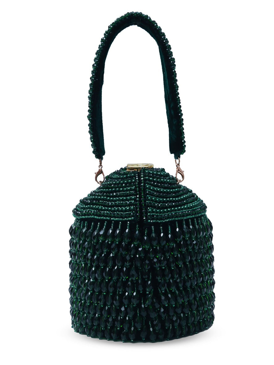 Emma round embellished bag with handle by The Tan Clan, featuring decorative details and a sleek, stylish design.
