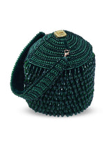 Black Emma round embellished bag with handle by The Tan Clan, featuring decorative details and a stylish, compact design.
