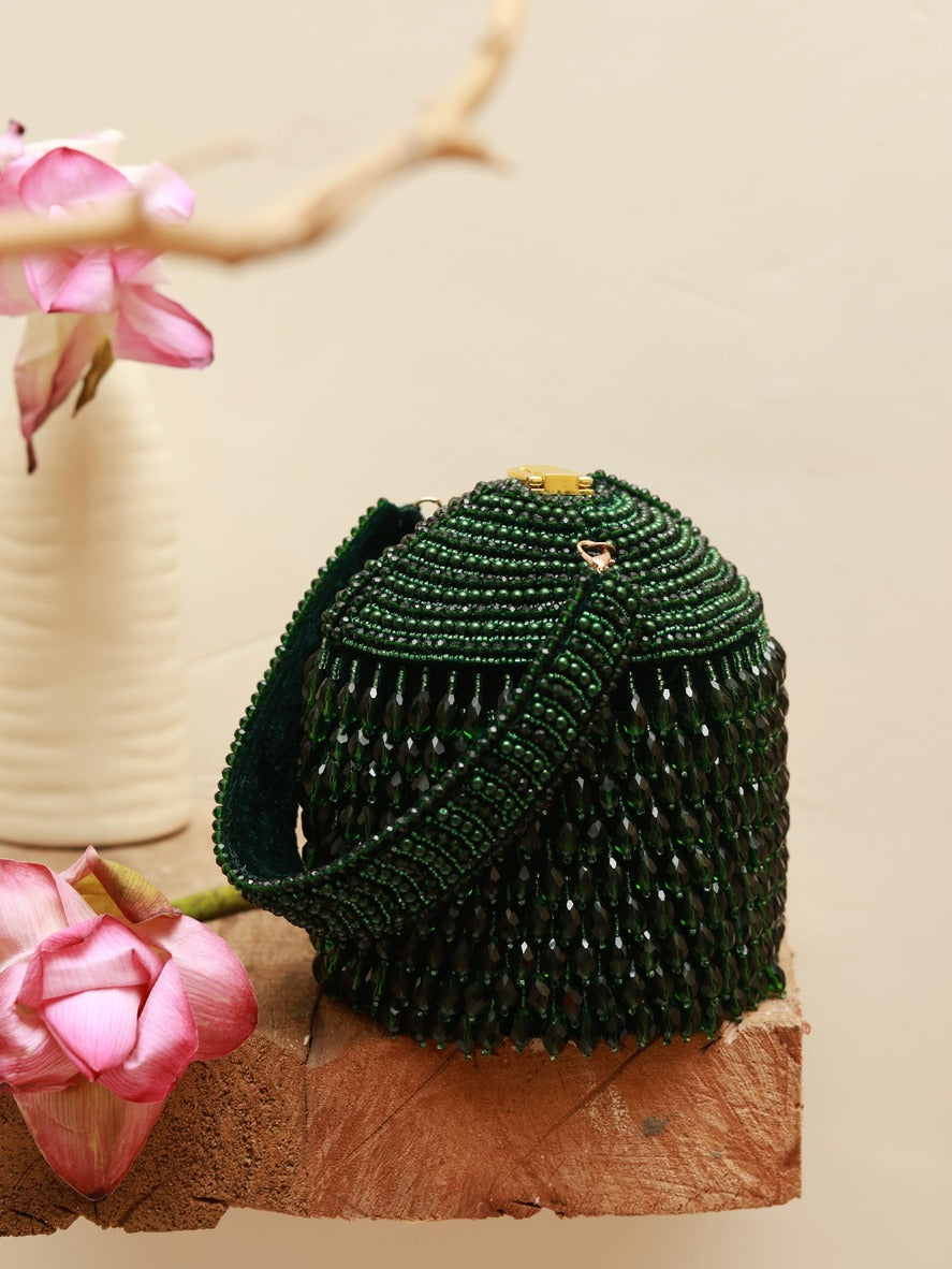 Emma Round Embellished Bag with Handle by The Tan Clan, featuring a stylish round design and decorative embellishments.