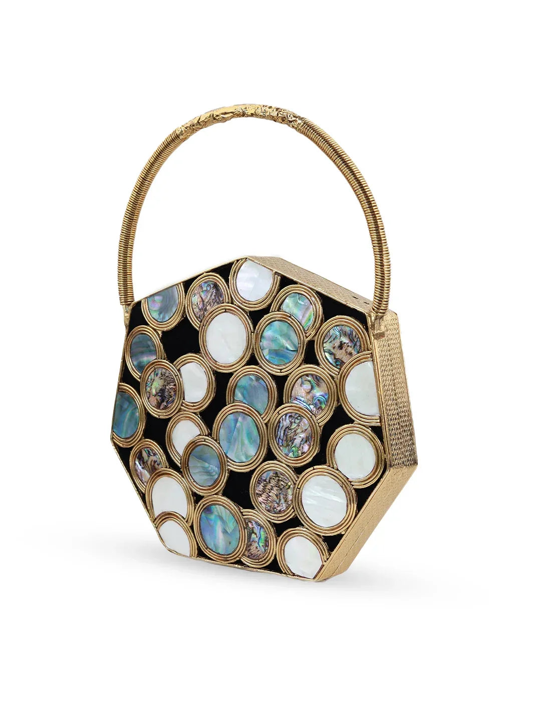Alira Brass Clutch with Handle by The Tan Clan showcasing a stylish gold brass clutch with a handle on a neutral background.