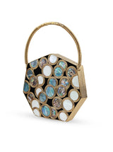 Alira Brass Clutch with Handle by The Tan Clan showcasing a stylish gold brass clutch with a handle on a neutral background.