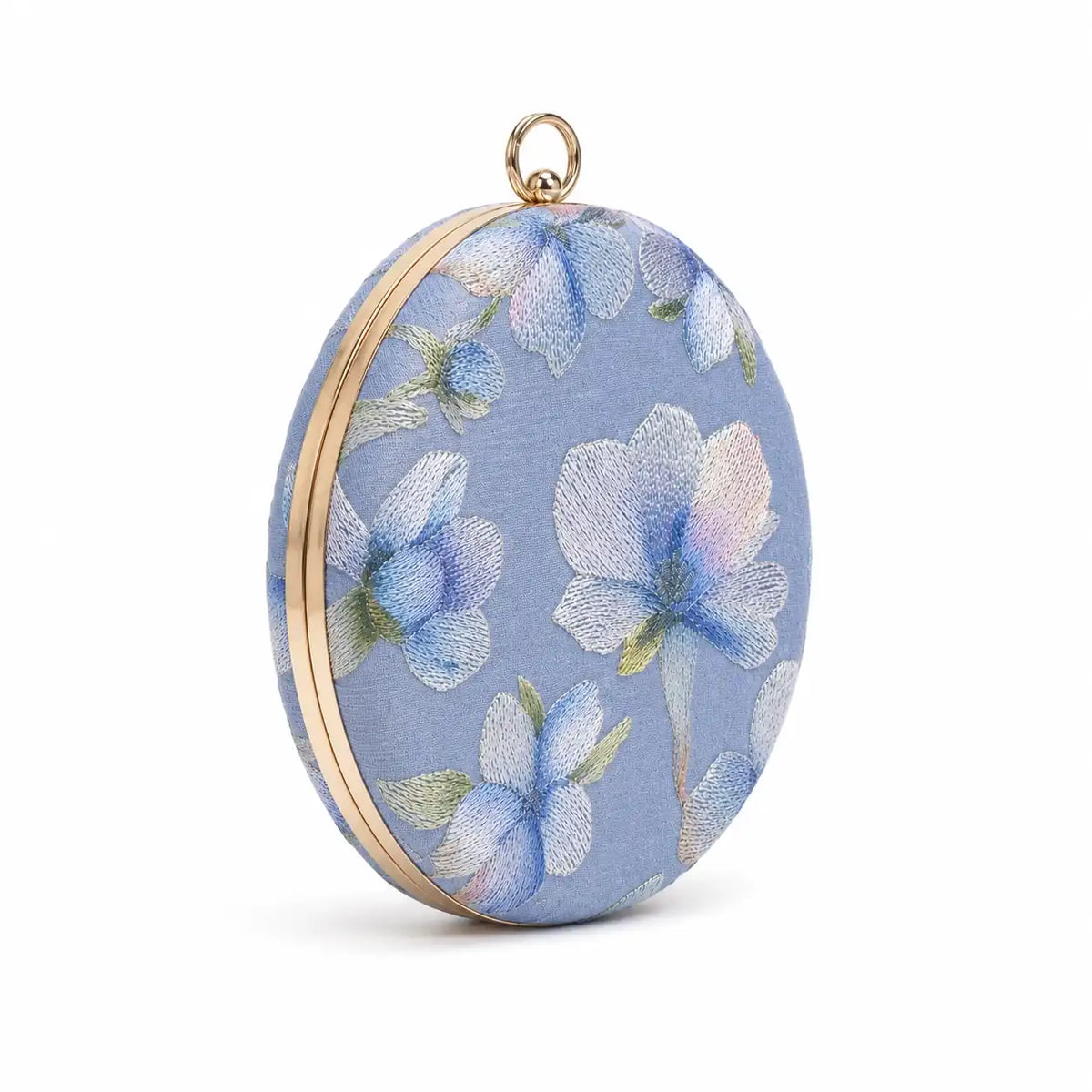 Blue embroidered clutch bag from The Tan Clan with floral detailing, designed for elegant evening or special occasion wear.