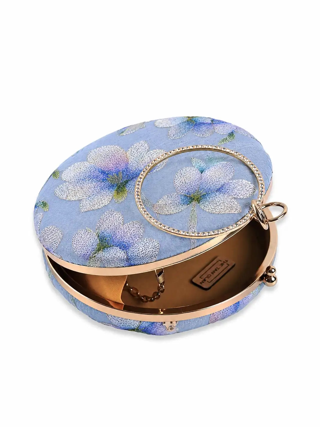 Bloom Blue embroidered clutch by The Tan Clan, featuring intricate floral embroidery and a compact, stylish design.
