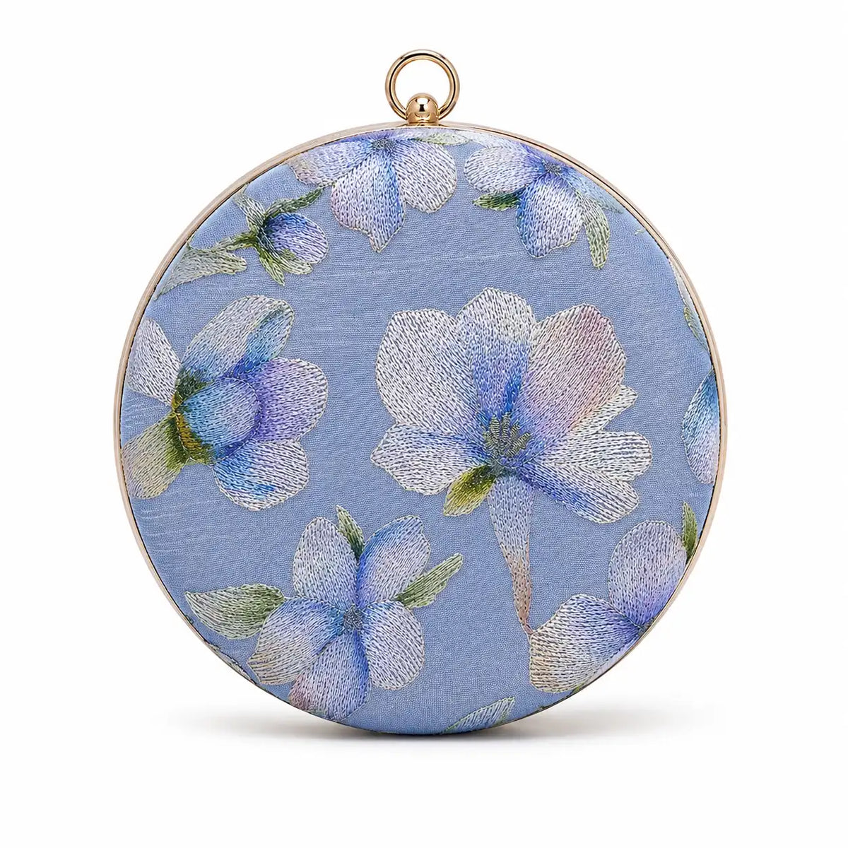 Blue embroidered clutch bag by The Tan Clan featuring floral embroidery, perfect for stylish evening accessories.