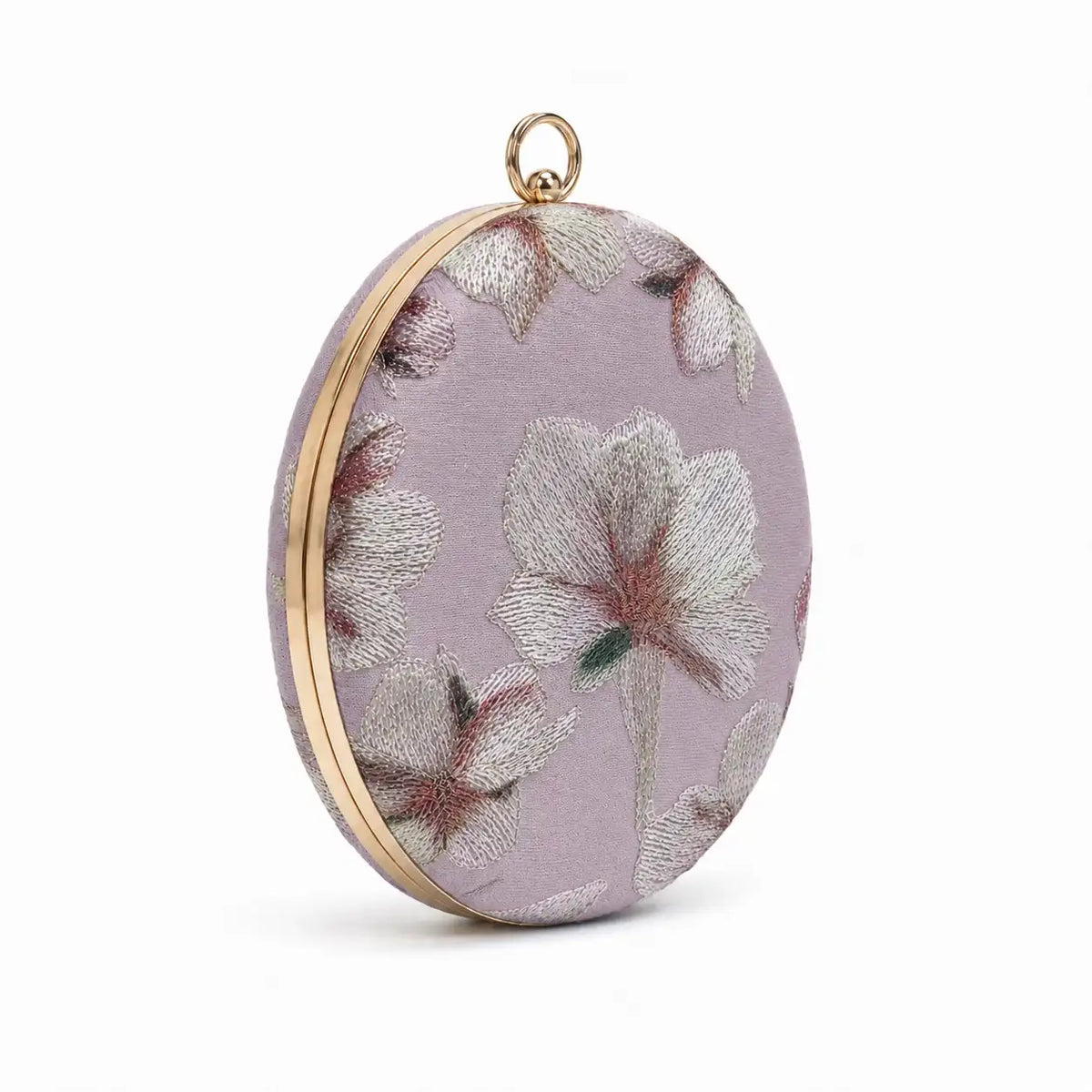 Mauve embroidered clutch bag from The Tan Clan with intricate floral embroidery, stylish accessory for evening or special occasions.