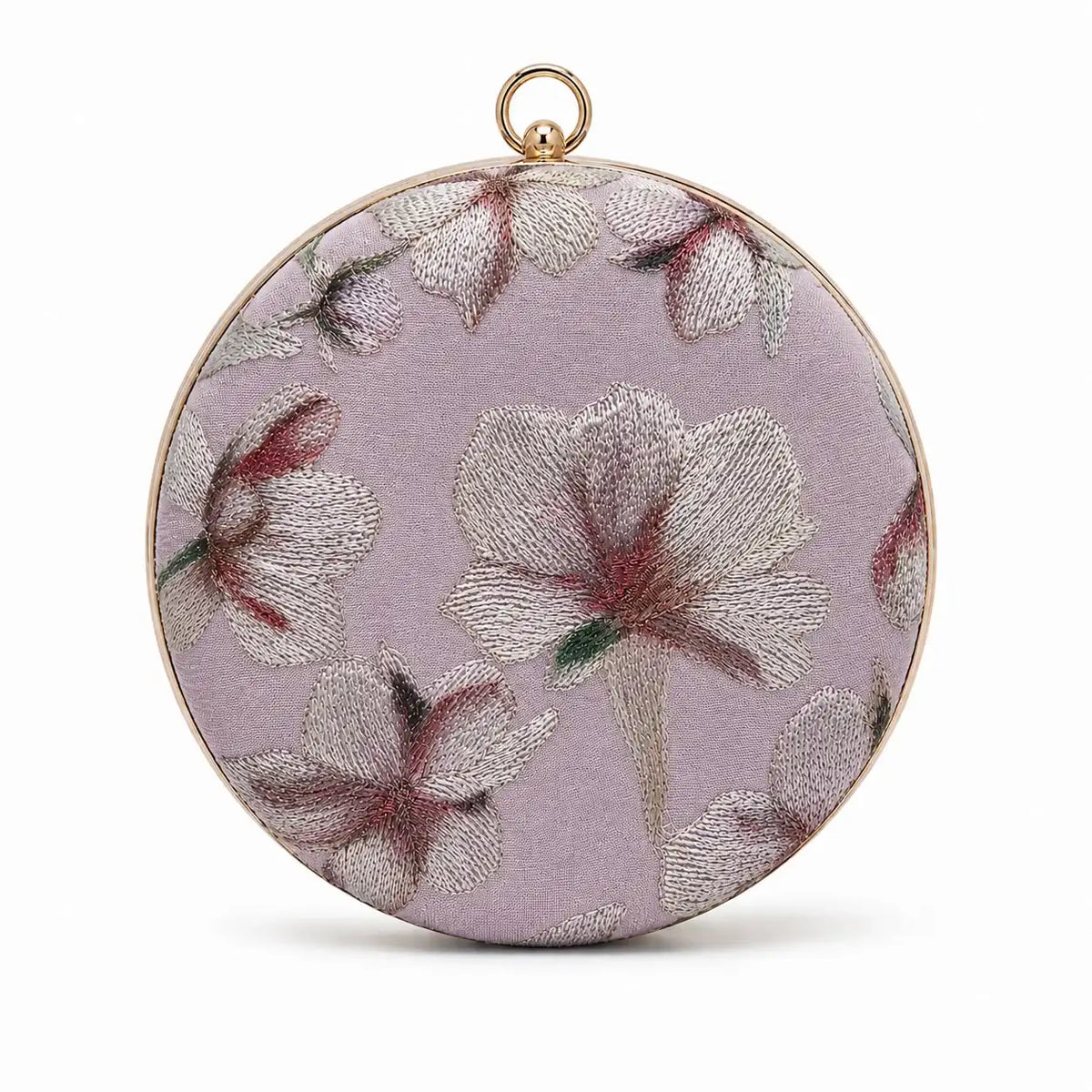 Bloom Mauve embroidered clutch by The Tan Clan, featuring intricate embroidery and a sleek compact design for elegant occasions.
