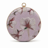 Bloom Mauve embroidered clutch by The Tan Clan, featuring intricate embroidery and a sleek compact design for elegant occasions.