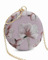 Bloom Mauve embroidered clutch bag by The Tan Clan, featuring intricate floral embroidery and a compact, stylish design.