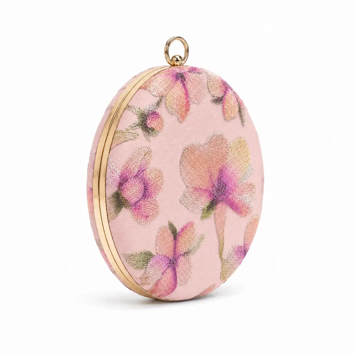 Pink embroidered clutch bag from The Tan Clan with floral embroidery, perfect for evening or special occasions.