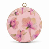 Pink embroidered clutch bag from The Tan Clan with floral detailing, perfect for elegant evening occasions.