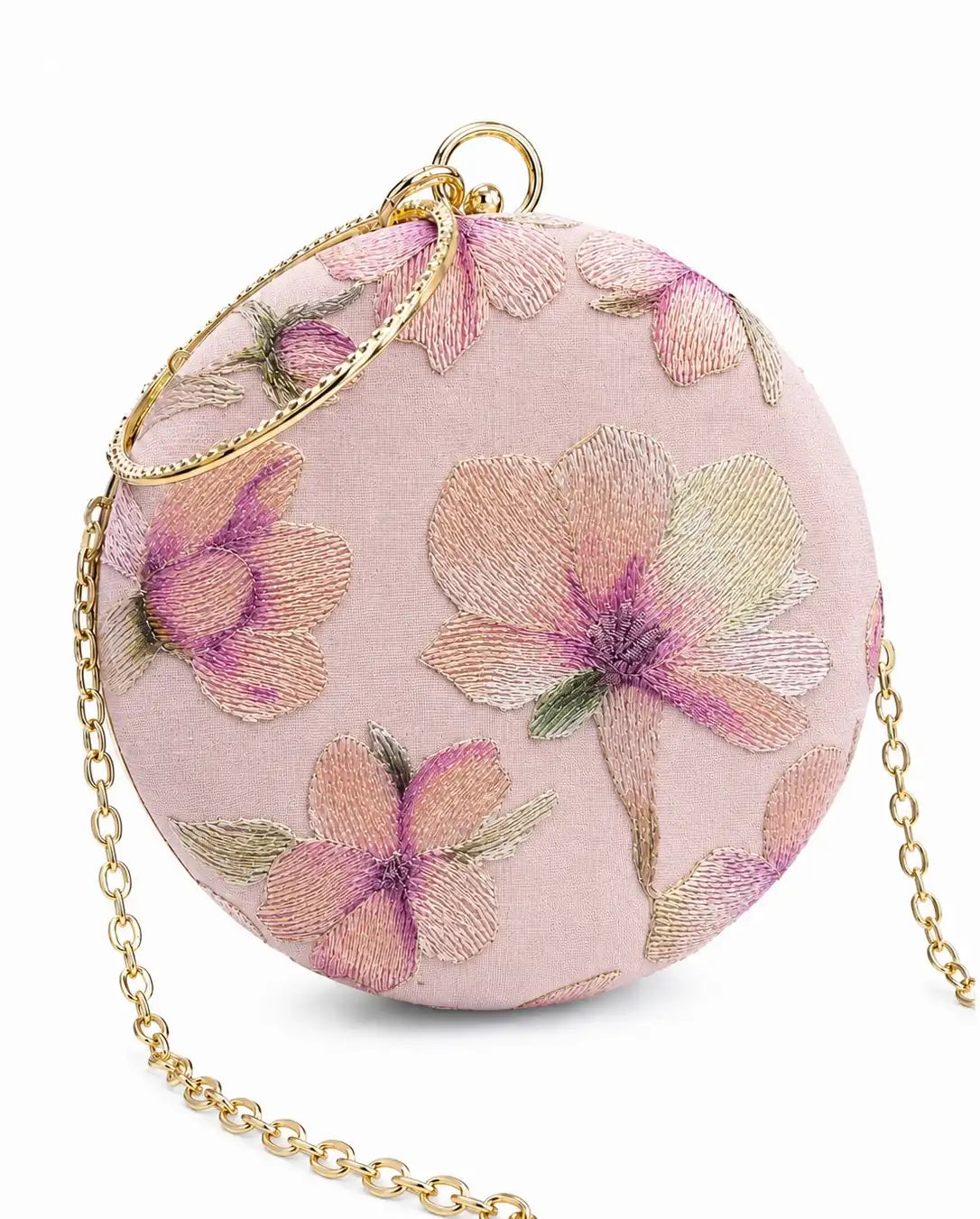 Pink embroidered clutch bag from The Tan Clan with floral embroidery, stylish accessory for evening or special occasions.