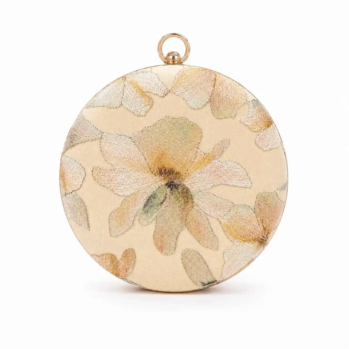 Yellow embroidered clutch bag by The Tan Clan with floral detailing, designed for elegant evening or special occasion use.