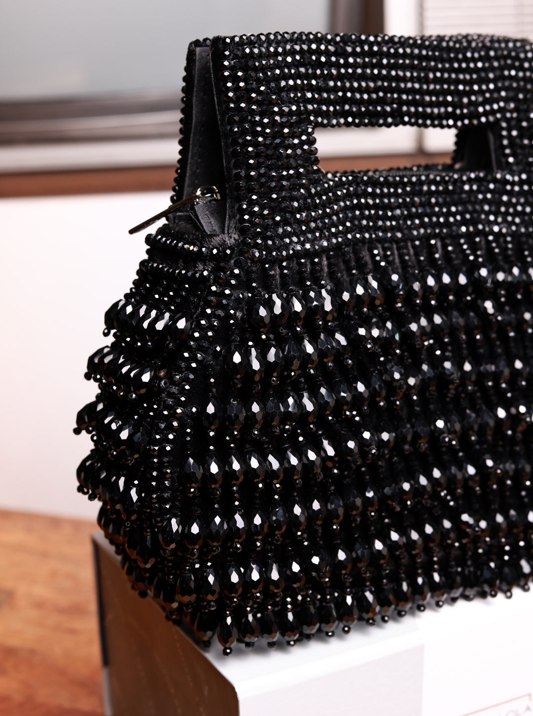 Cindy Black Pearls Box Clutch by The Tan Clan, elegant black clutch with pearl embellishments, designed for formal occasions.