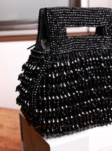 Cindy Black Pearls Box Clutch by The Tan Clan, elegant black clutch with pearl embellishments, designed for formal occasions.