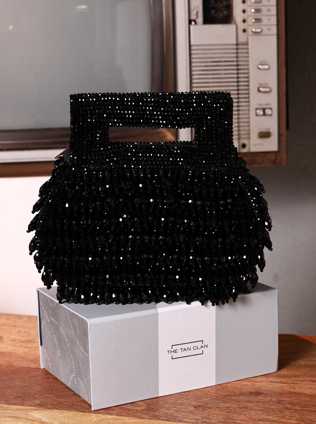 Cindy Black Pearls Box Clutch by The Tan Clan featuring black pearls and elegant design for evening wear.