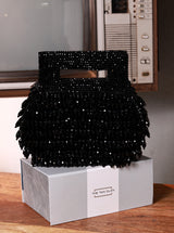 Cindy Black Pearls Box Clutch by The Tan Clan featuring black pearls and elegant design for evening wear.