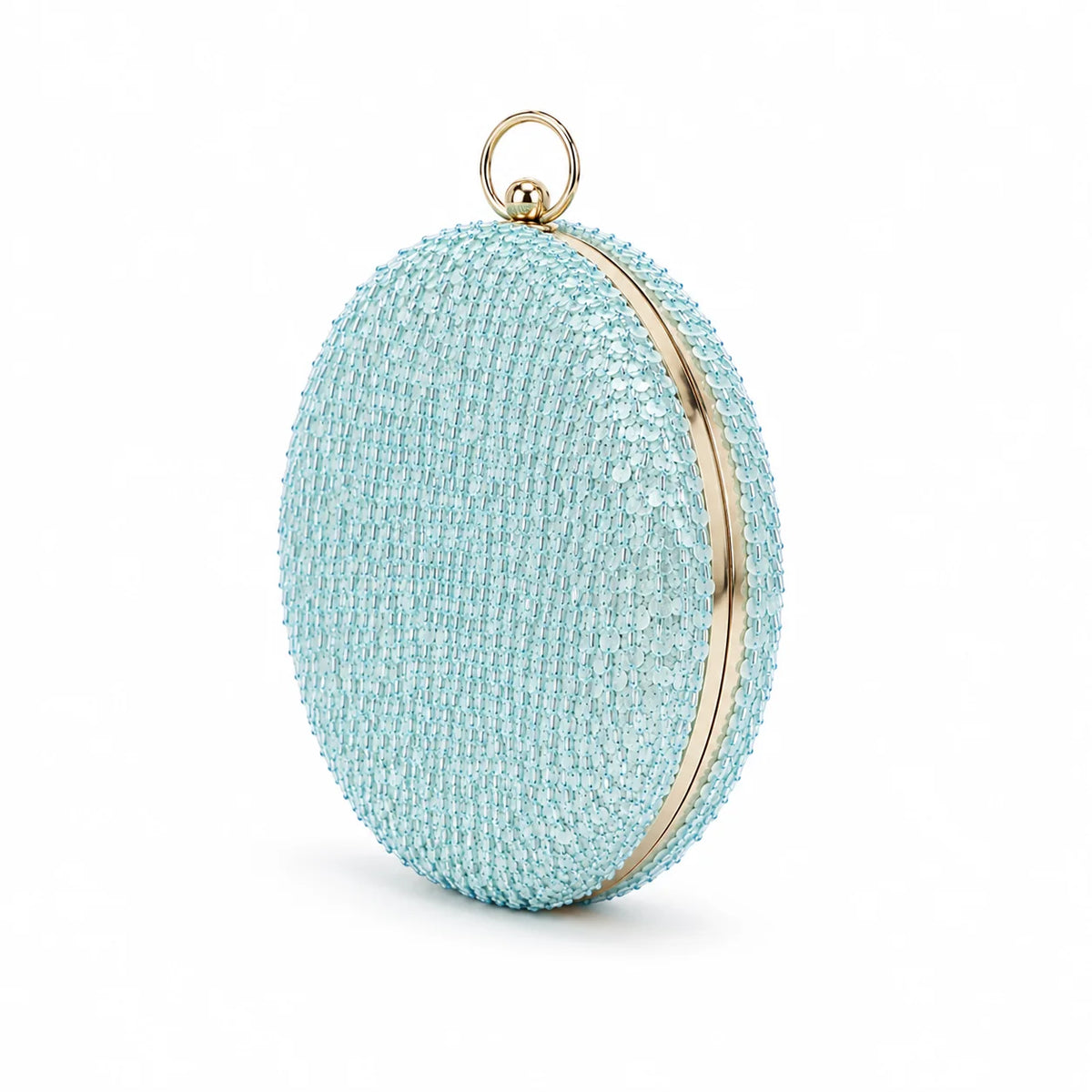 Dazzle Blue Sequined Round Clutch by The Tan Clan with shimmering blue sequins and a compact round shape.