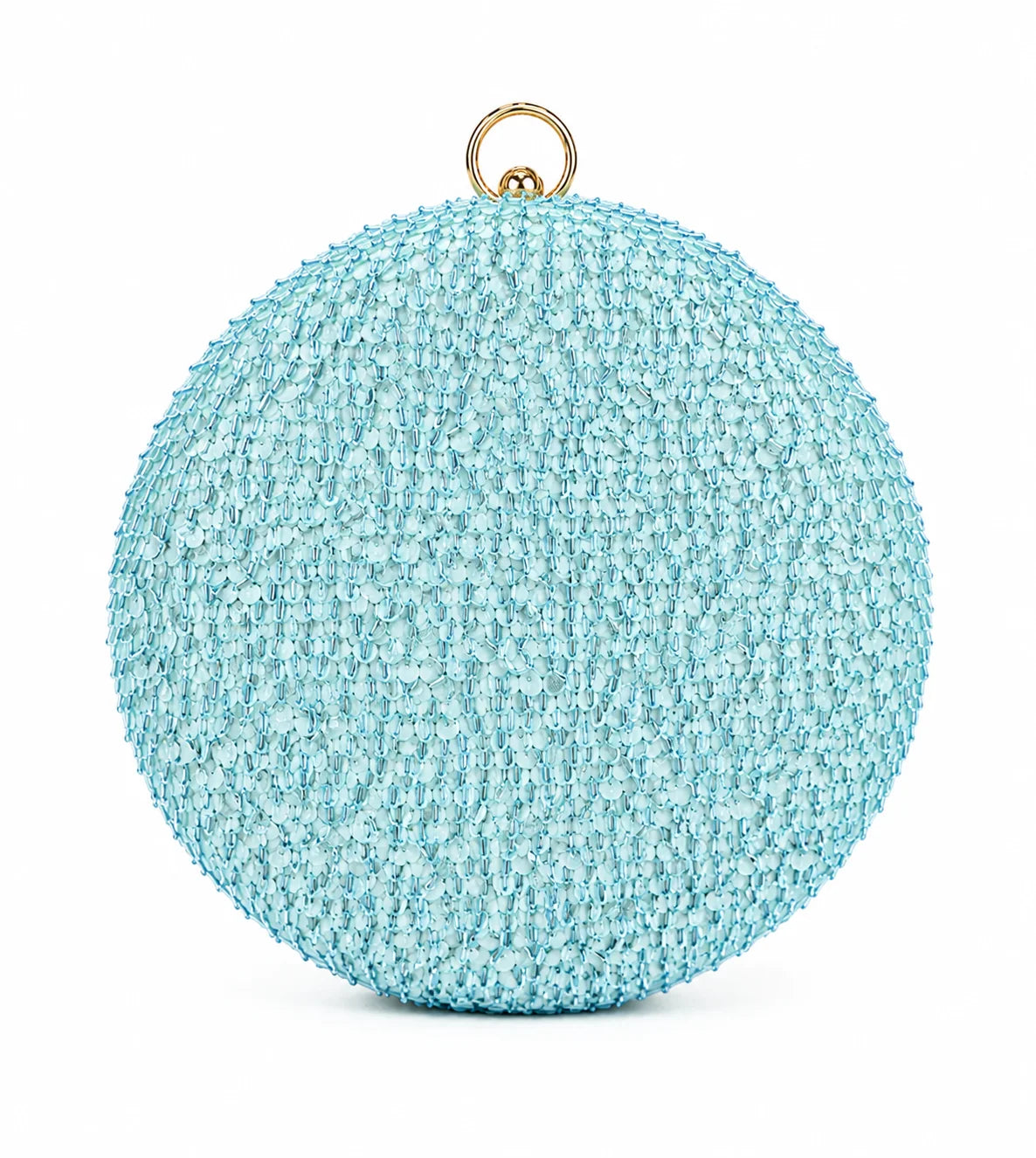 Blue sequined round clutch bag by The Tan Clan featuring sparkling sequins and a sleek, compact design.