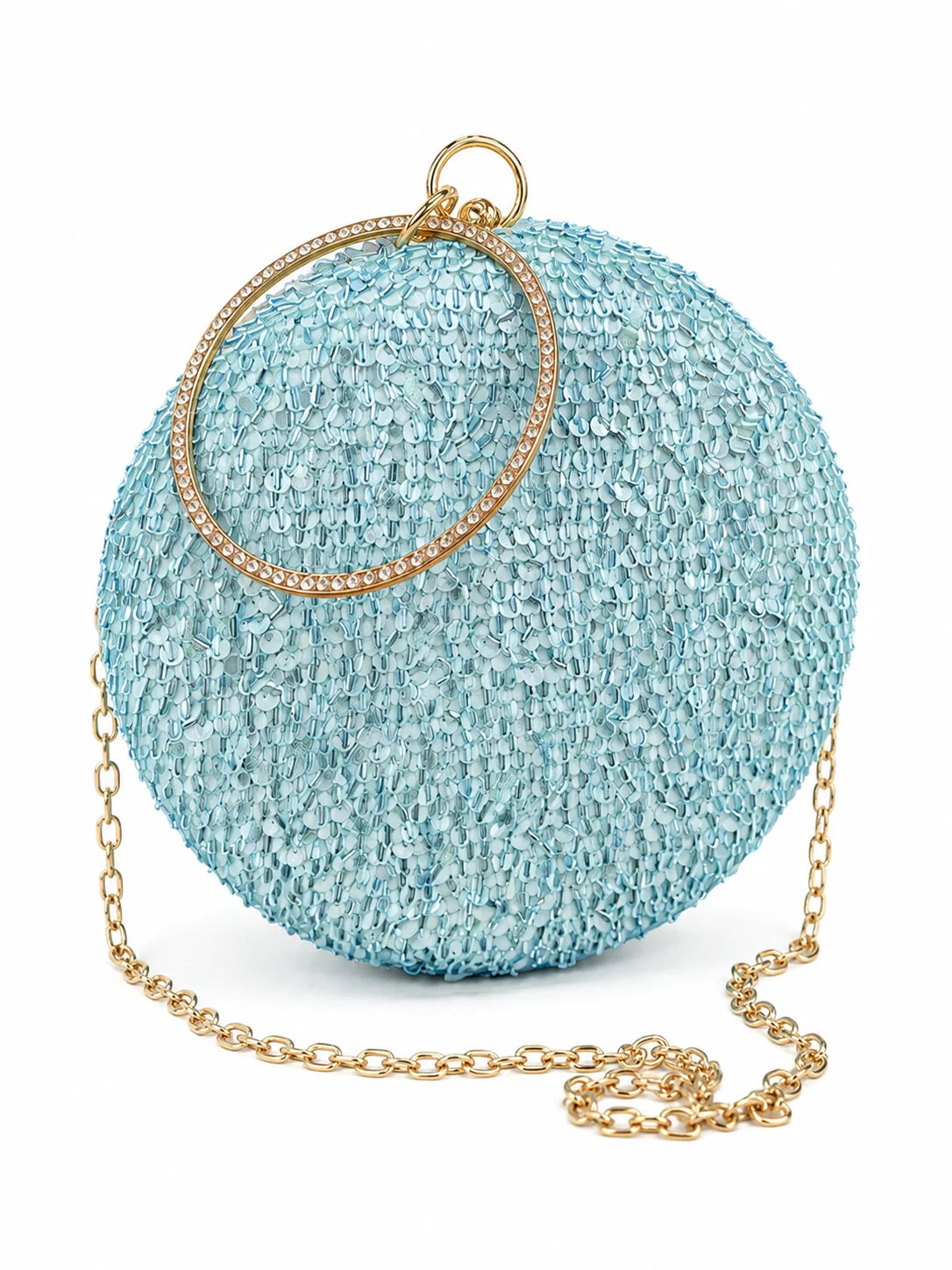 Dazzle Blue Sequined Round Clutch purse by The Tan Clan featuring shimmering blue sequins and a round shape.