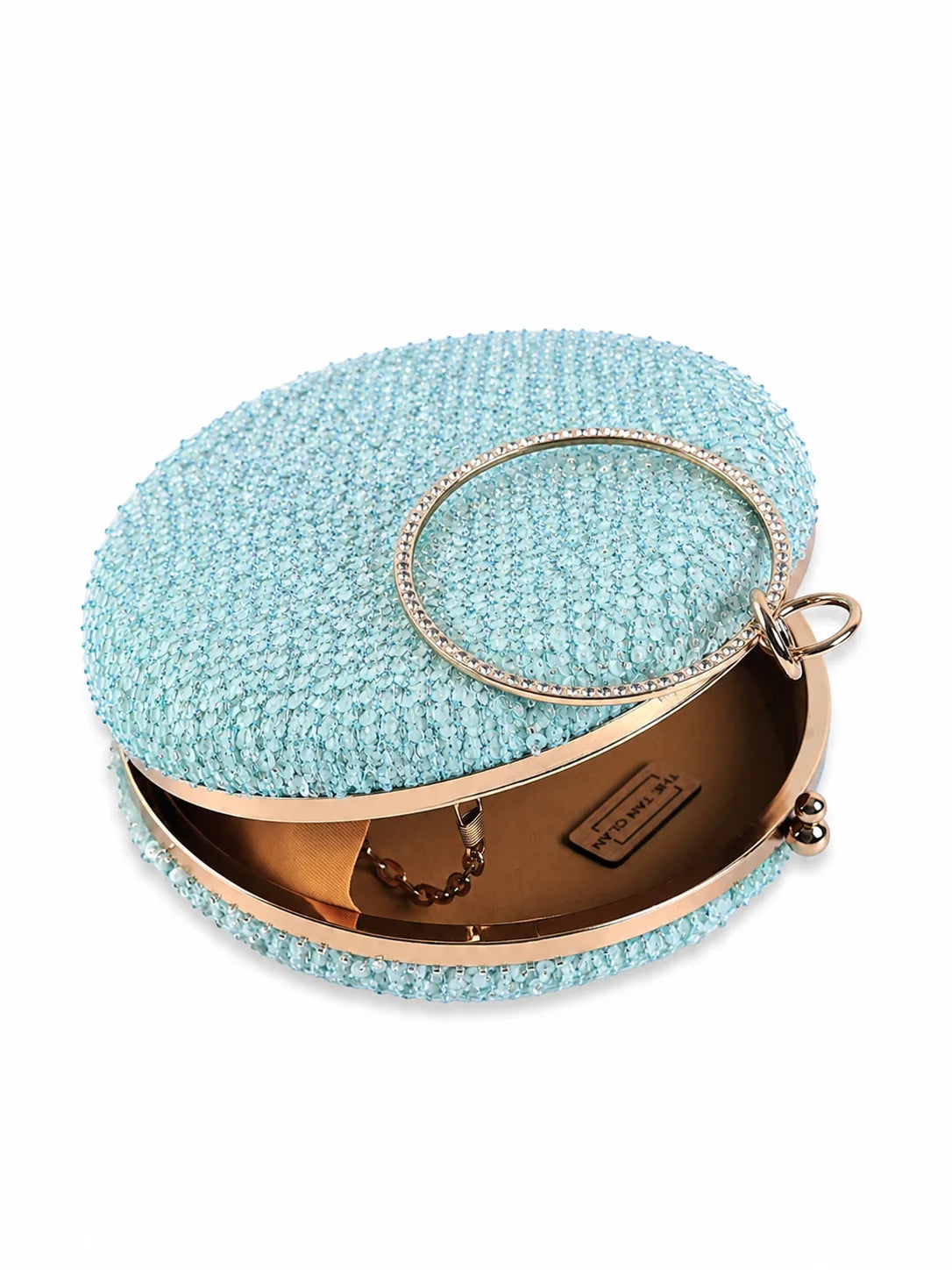 Dazzle Blue Sequined Round Clutch by The Tan Clan with shimmering blue sequins and a round shape for evening events.