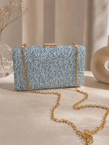 Dazzle Blue Sequined Sleek Clutch by The Tan Clan, showing its shiny sequined surface and elegant compact design.