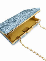 Dazzle Blue Sequined Sleek Clutch by The Tan Clan showing shimmering sequined surface and elegant design for evening wear.
