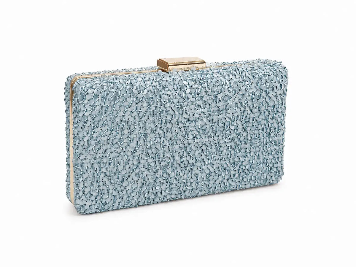 Dazzle Blue sequined sleek clutch bag by The Tan Clan, featuring a shiny, glamorous design with a compact, elegant shape.