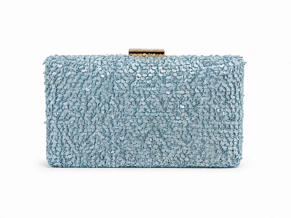 Dazzle Blue Sequined Sleek Clutch by The Tan Clan, featuring shimmering blue sequins and a smooth, elegant design.