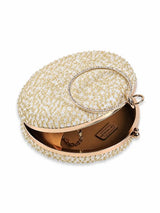 Gold sequined round clutch purse from The Tan Clan with sparkling, glamorous design for evening events.