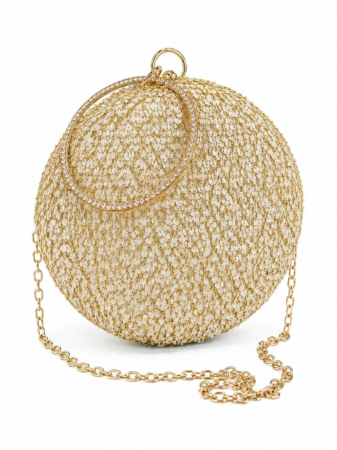 Gold sequined round clutch bag by The Tan Clan with sparkling sequins and a compact, stylish design.