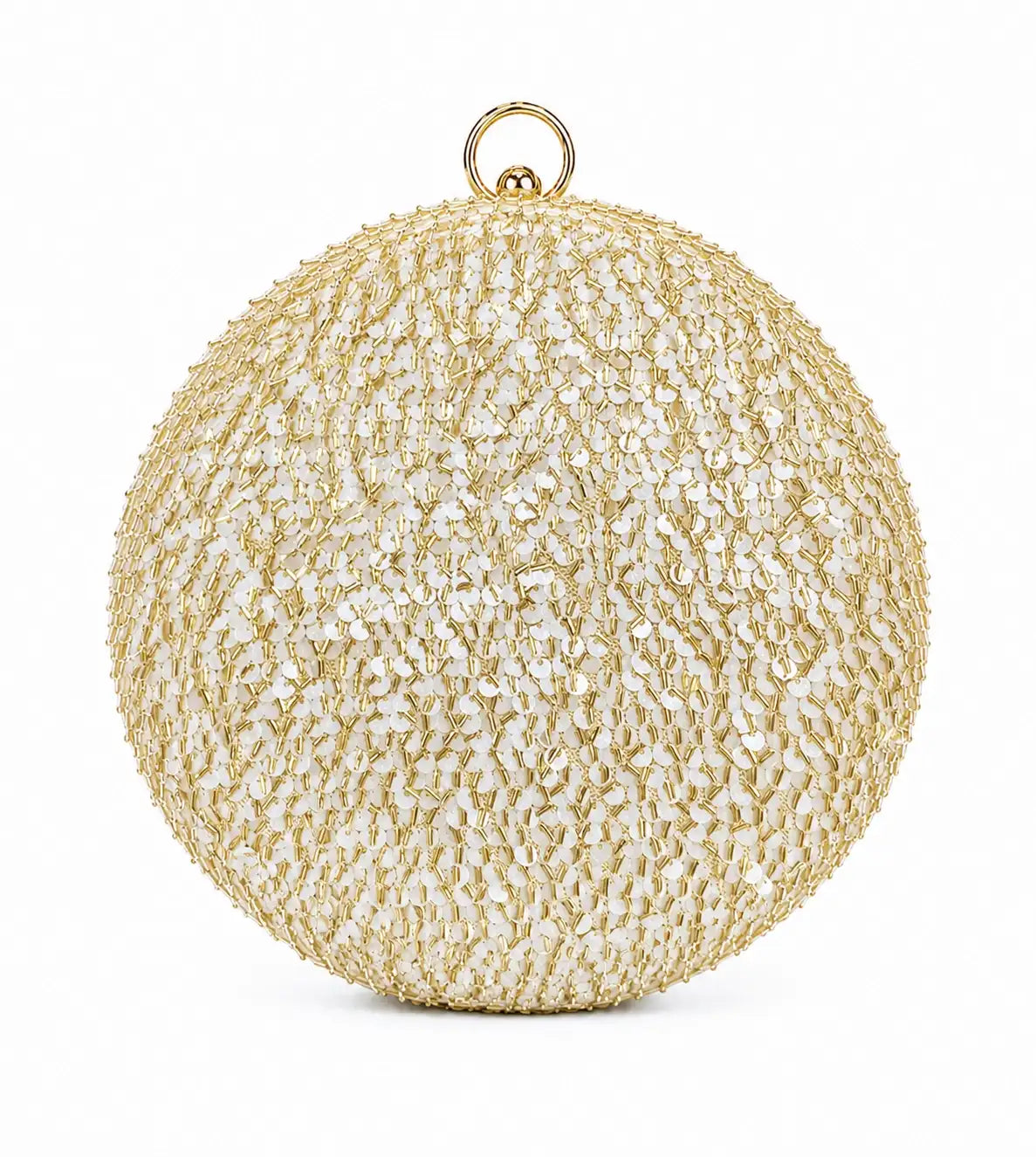 Gold sequined round clutch bag by The Tan Clan with sparkling embellishments and a sleek design.
