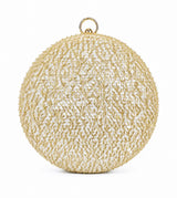 Gold sequined round clutch bag by The Tan Clan with sparkling embellishments and a sleek design.