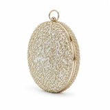 Gold sequined round clutch bag by The Tan Clan with shimmering surface and elegant design for special occasions.