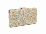 Gold sequined sleek clutch bag by The Tan Clan, featuring a compact design with shimmering embellishments for elegant occasions.