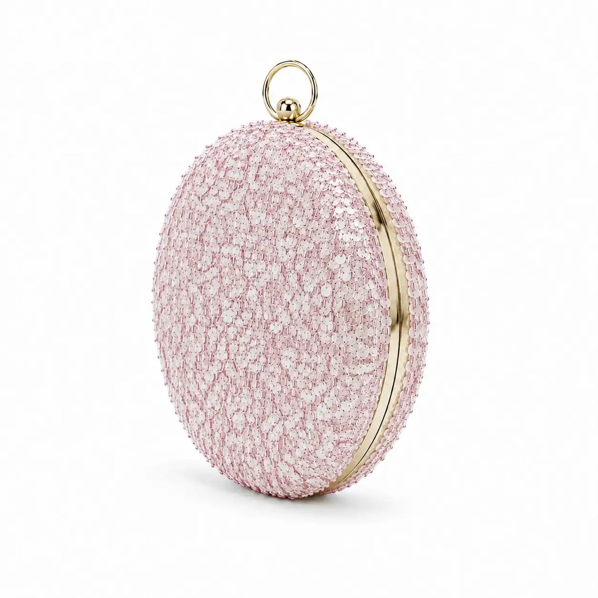 Dazzle Pink Sequined Round Clutch from The Tan Clan featuring sparkling pink sequins and a round shape for evening events.