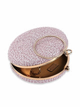 Dazzle Pink Sequined Round Clutch by The Tan Clan with shimmering pink sequins and a compact, round design for evening wear