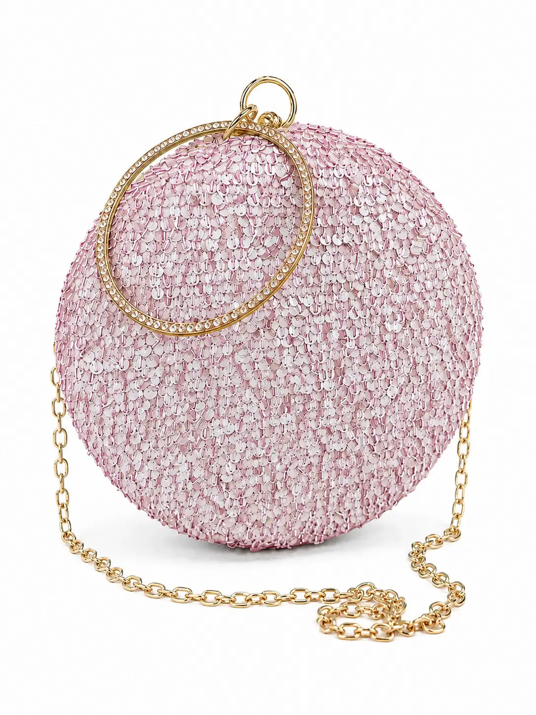 Pink sequined round clutch purse by The Tan Clan with dazzling, sparkling surface and compact design.
