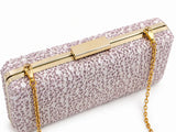 Dazzle pink sequined sleek clutch bag by The Tan Clan, featuring shimmering sequins and a slim elegant design.