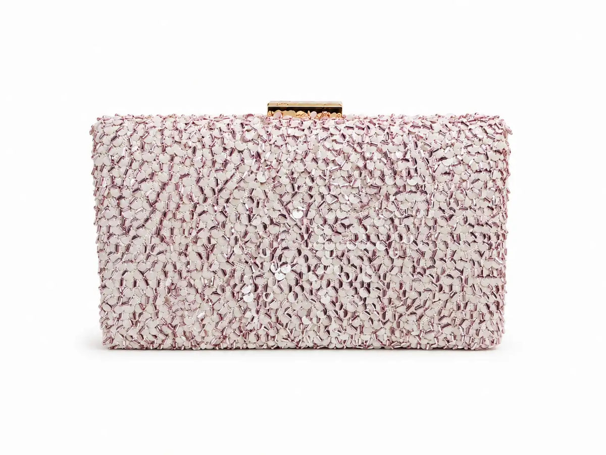 Dazzle Pink Sequined Sleek Clutch by The Tan Clan showing shiny pink sequins and a slim, elegant design for evening occasions.