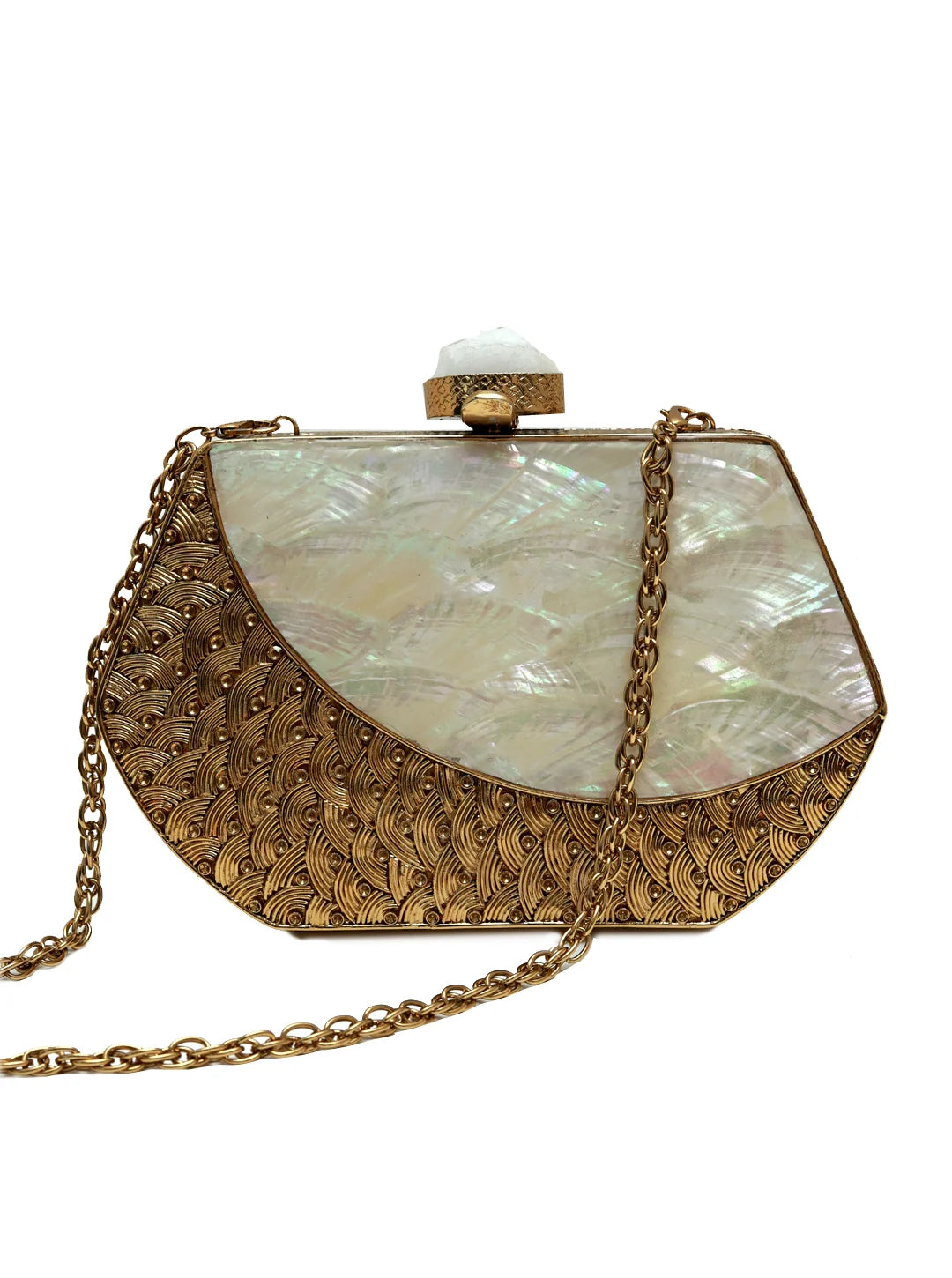 Demi Brass Clutch by The Tan Clan featuring a sleek metallic finish and compact design for elegant evening use.
