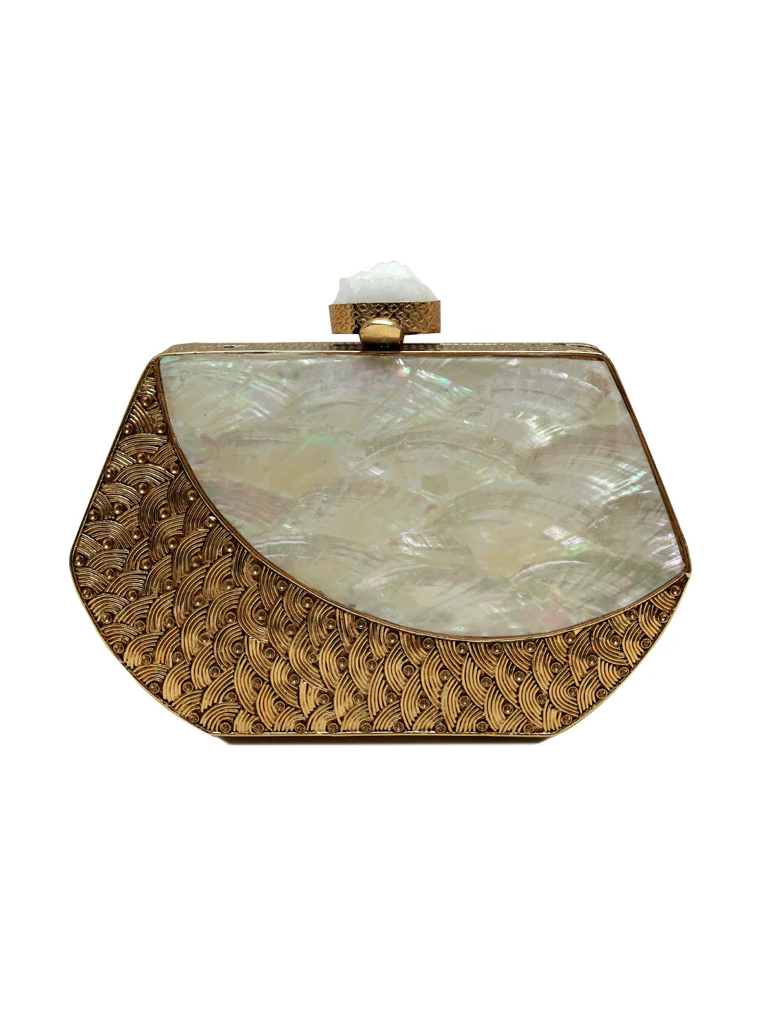 Demi Brass Clutch by The Tan Clan featuring a sleek, metallic finish and compact design for stylish evening use.