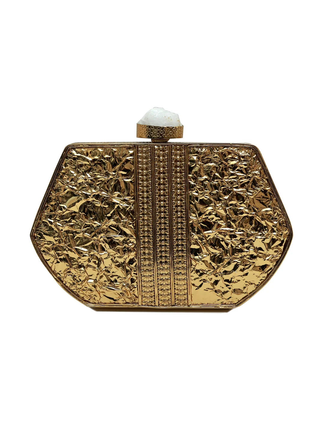 Demi Brass Clutch by The Tan Clan featuring a sleek, metallic design with a minimalist style and elegant finish.
