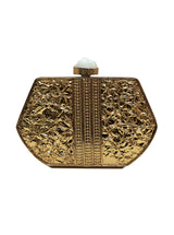 Demi Brass Clutch by The Tan Clan featuring a sleek, metallic design with a minimalist style and elegant finish.