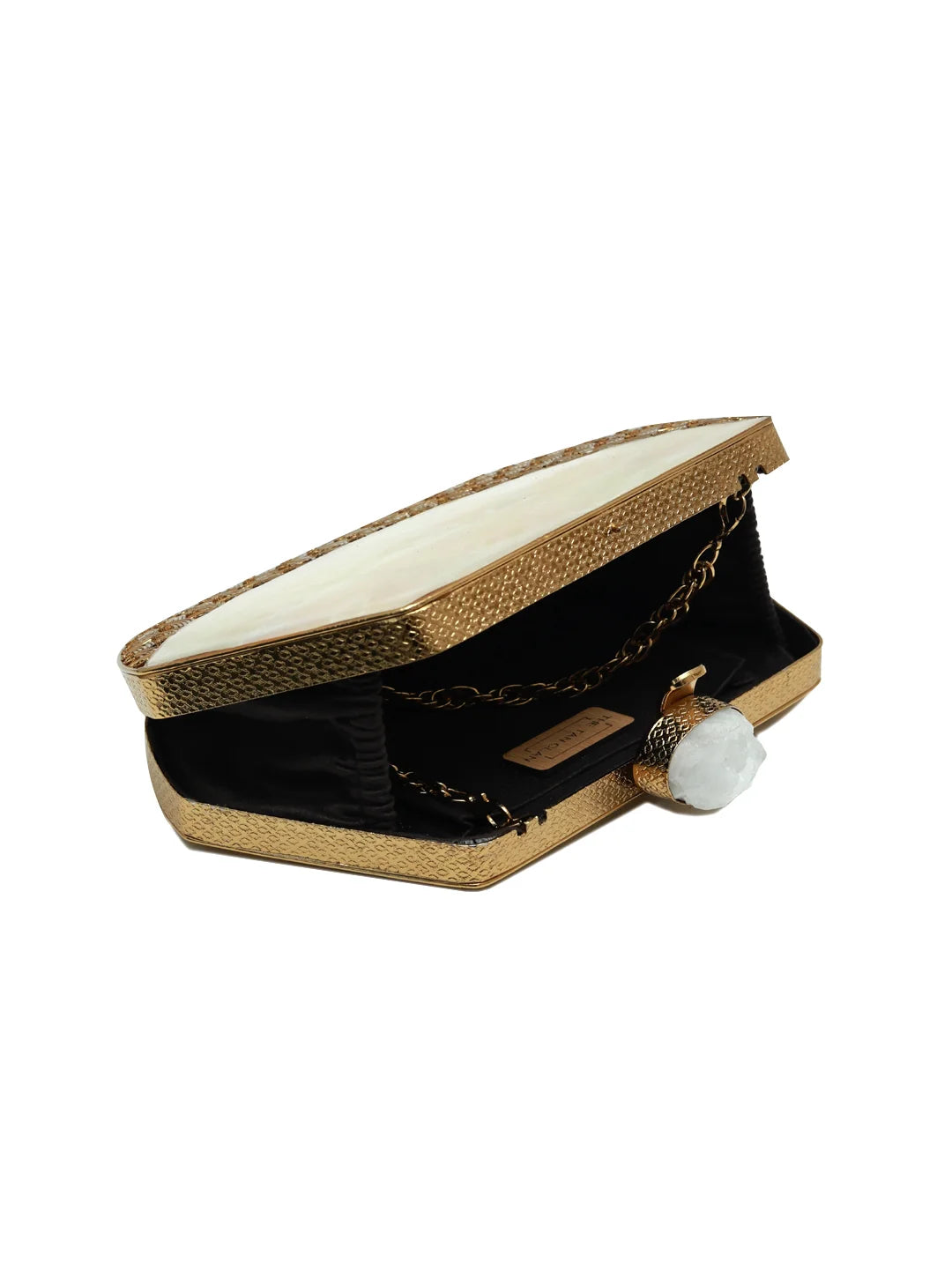 Demi Brass Clutch by The Tan Clan featuring a sleek metallic finish and compact design for stylish evening use.