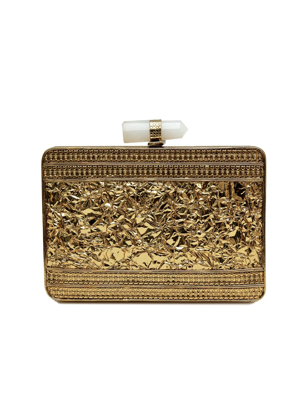Dina Brass Clutch by The Tan Clan, stylish gold-toned clutch with sleek design, perfect for elegant evening occasions.